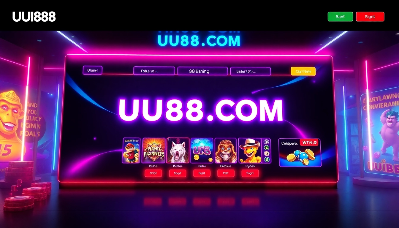 Online gambling platform featuring UU88 COM branding with engaging casino graphics and user interface elements.