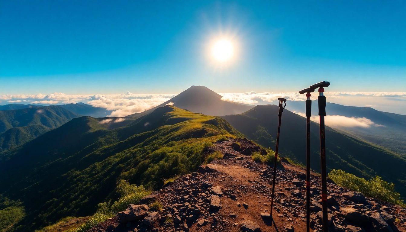 Sunrise over Mount Rinjani with lush green slopes and a hiker's trail in the foreground.