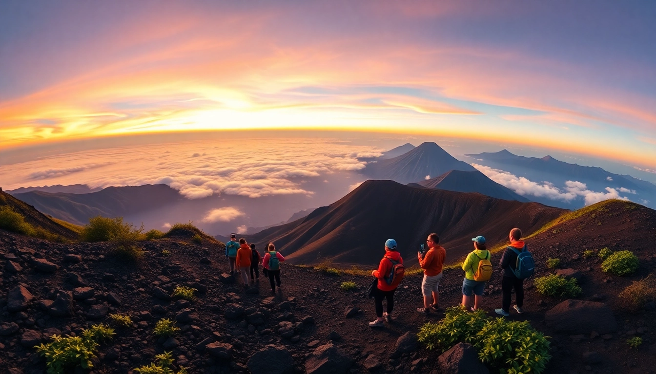 Hikers viewing Mount Rinjani's crater rim at sunrise, with volcanic terrain and lush greenery.