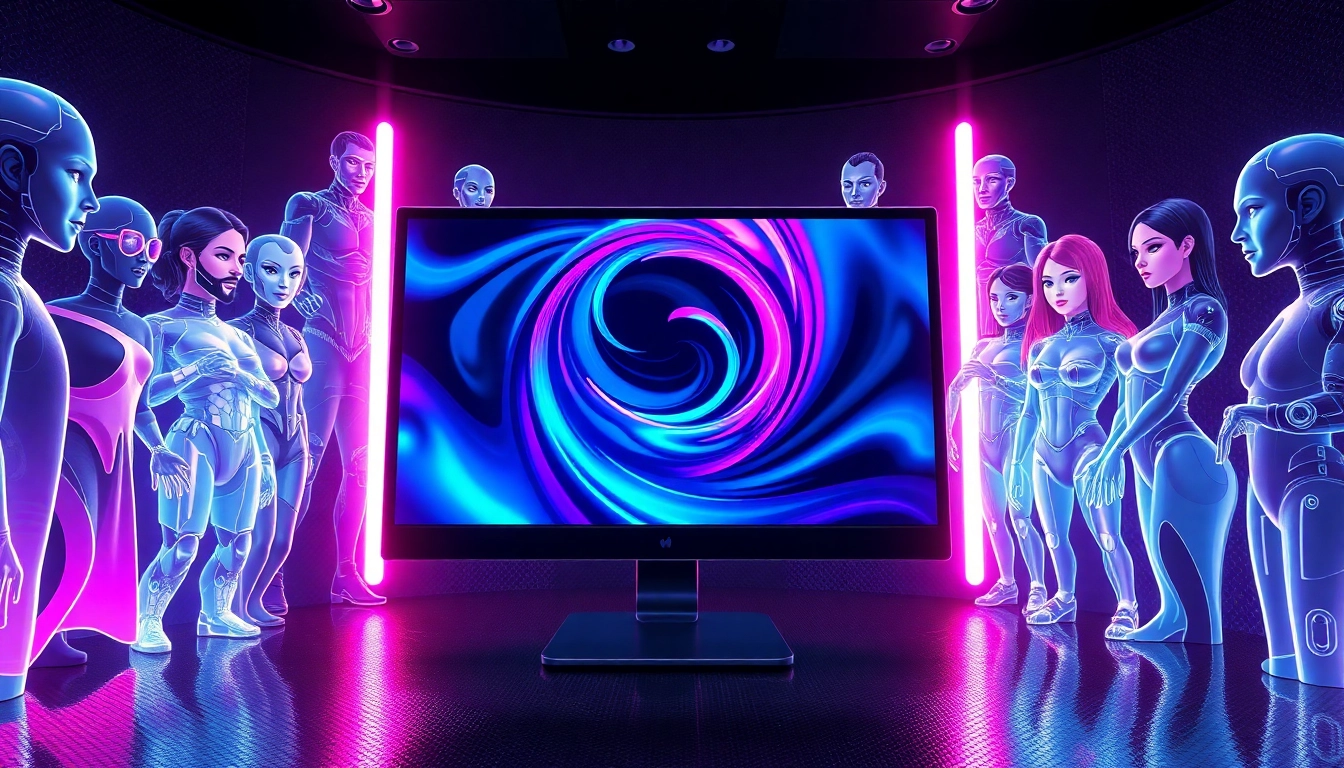Futuristic AI chat interface with holographic characters and vibrant neon lighting