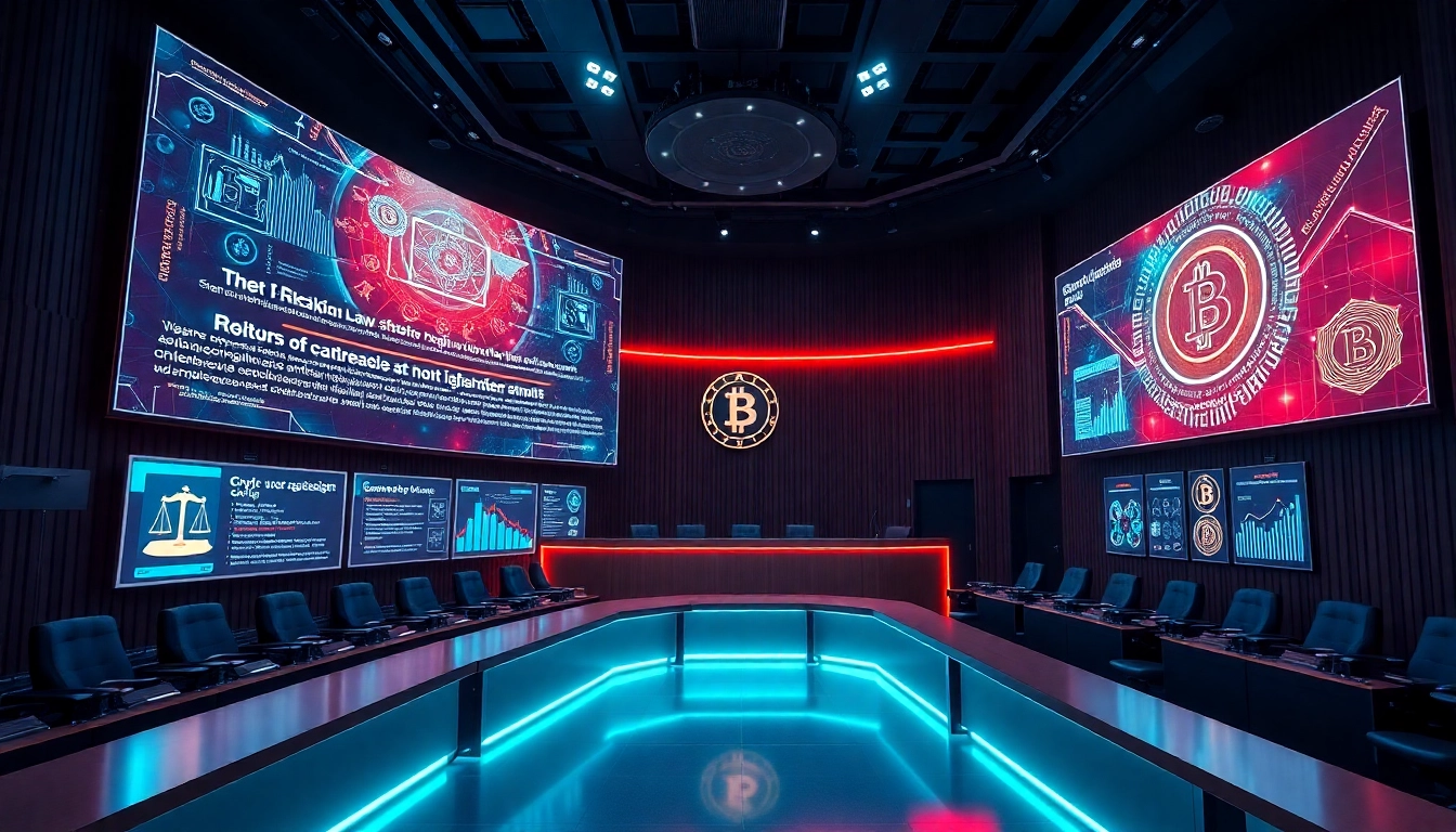 Legal professional analyzing crypto regulation laws on digital screens for online investors
