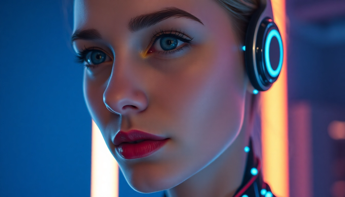 Hyperreal NSFW Image Generator concept: AI companion illuminated by neon studio lights.