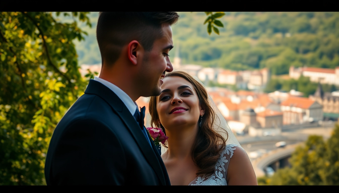 Photographe mariage Liège capturing authentic couples' moments during a wedding ceremony in Liège, emphasizing natural emotion and scenic city views.