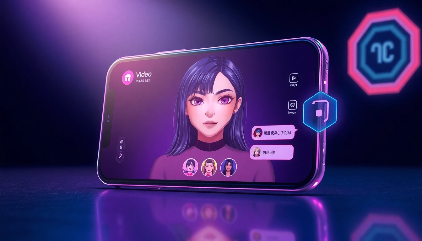 Futuristic smartphone displaying a customizable AI sexting app with anime and hyper-realistic visuals, glowing holographic elements, and vibrant neon colors in a modern cyberpunk setting.