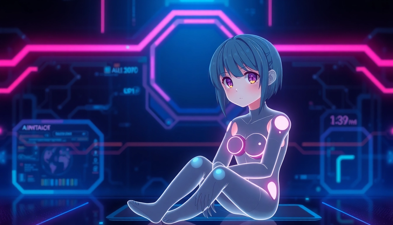Futuristic AI interface with anime-inspired holographic avatar in a cyberpunk style, glowing neon accents, and immersive digital environment.
