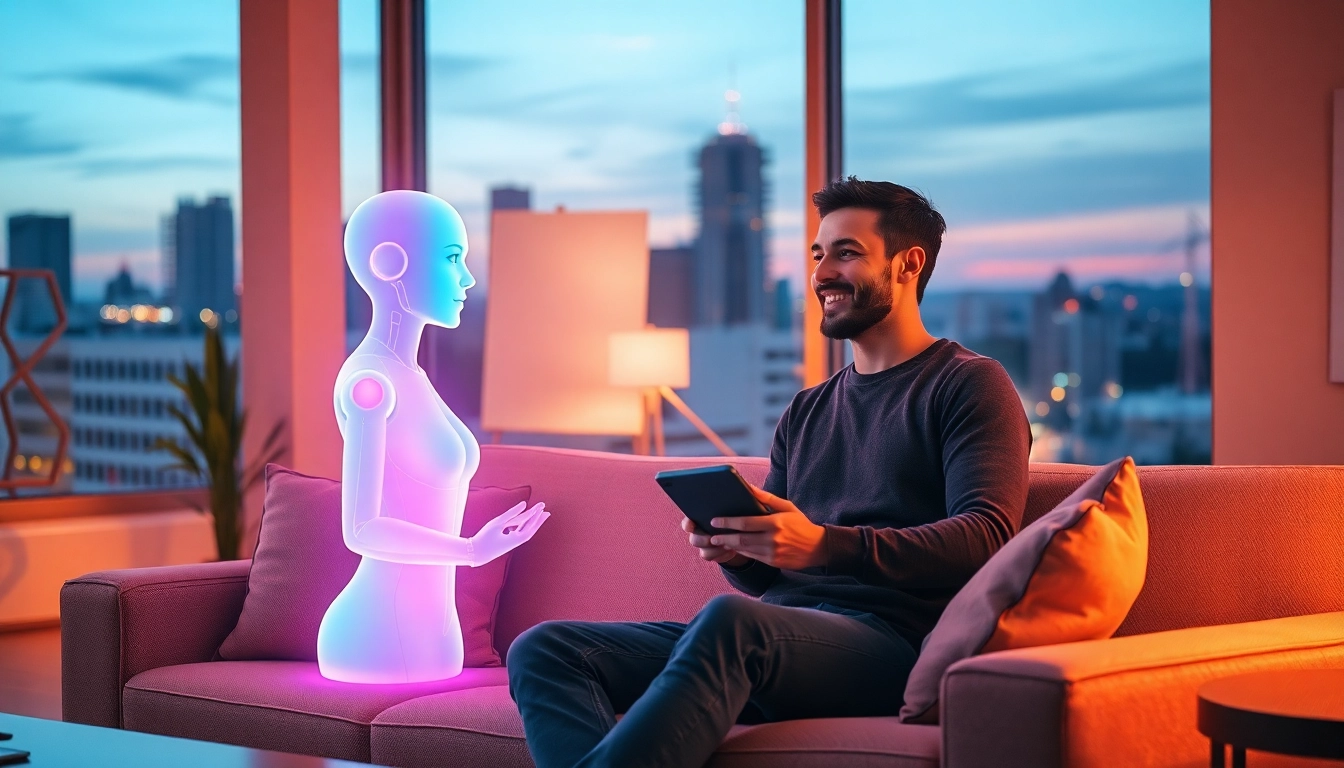 Person interacting with a glowing AI girlfriend hologram in a modern living room at dusk.