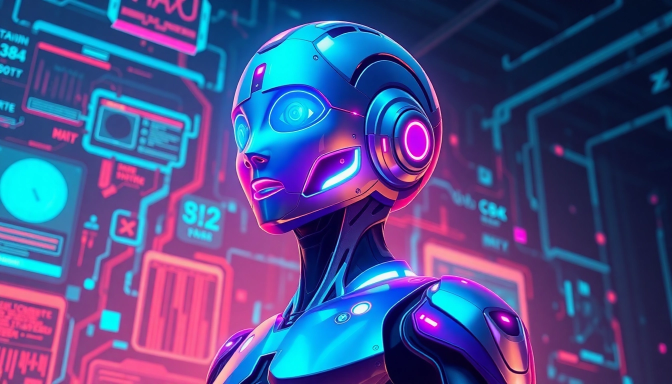 Futuristic AI character with glowing neon accents and high-tech background