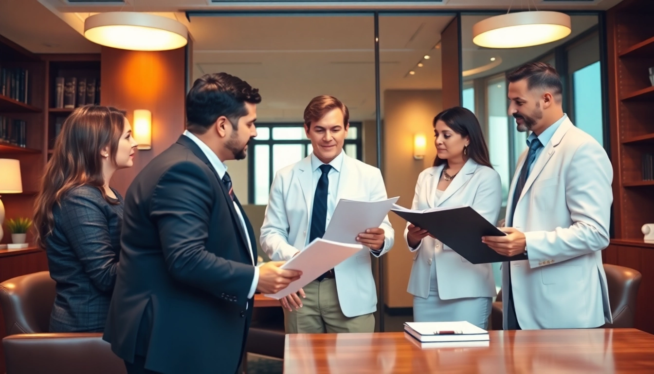 KJC legal team collaborating in a sleek office to showcase trial attorney expertise and professionalism.