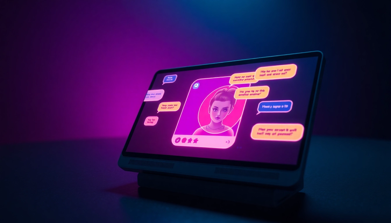 A futuristic digital chat interface with neon lights and an alluring AI avatar.