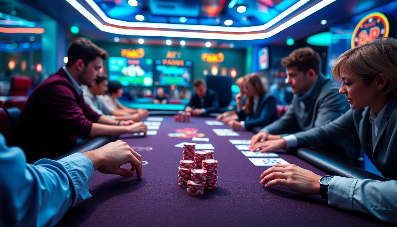 Clubgg poker online community engaging players with colorful chips and cards on a sleek digital table for an immersive experience.