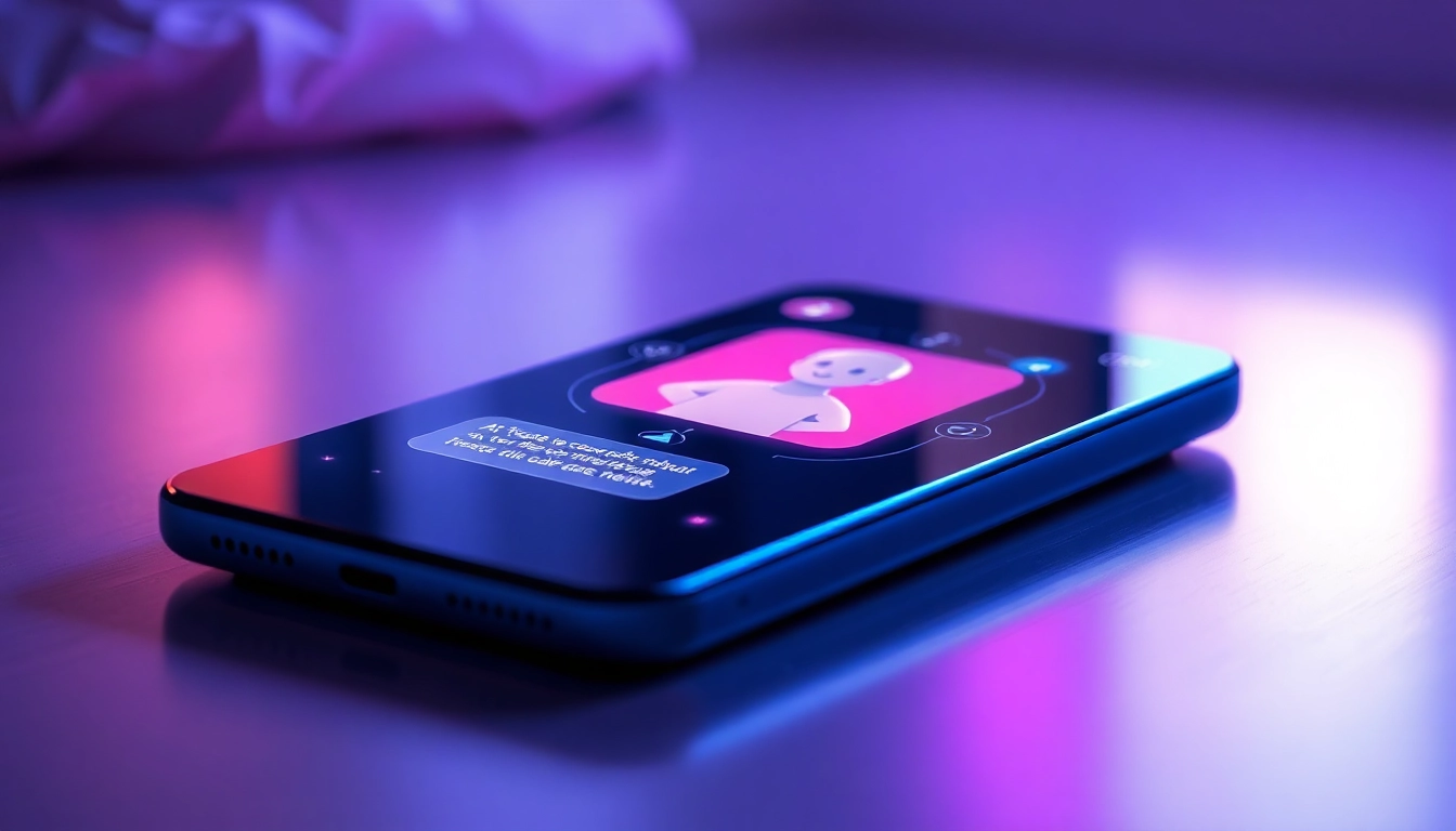 Close-up of a smartphone displaying a vibrant AI chat interface with a customizable virtual character.