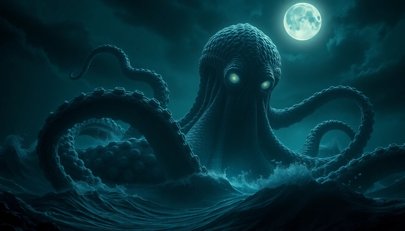 Ancient illustration of Kraken link revealing a giant tentacled sea monster in deep waters,