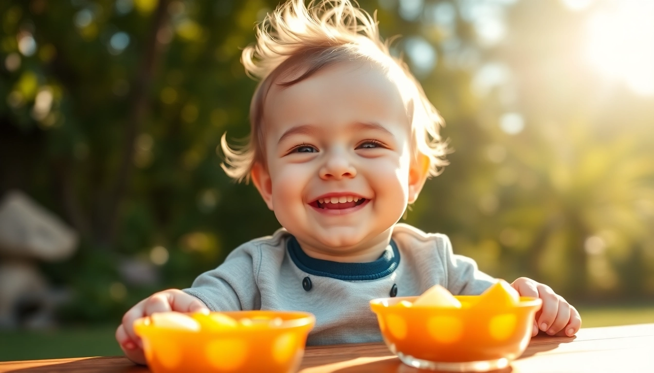 Healthy baby food Made in Italy scene with happy baby enjoying nutritious meal in colorful