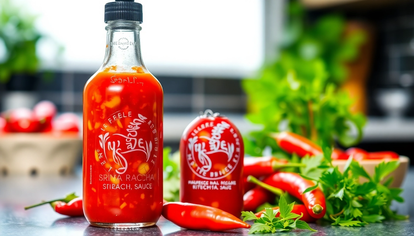 Sriracha Sauce being poured over noodles with fresh ingredients in a lively kitchen setting