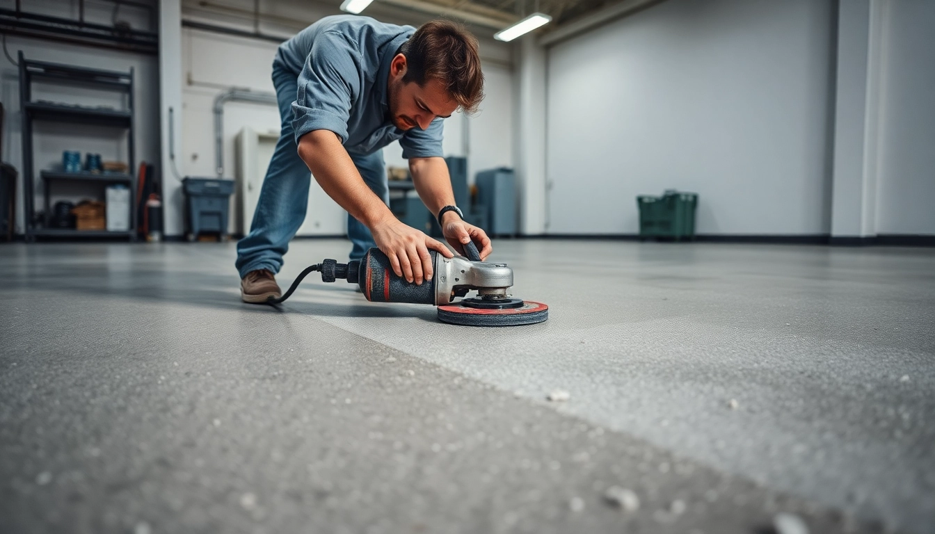 Experienced floor preparation Birmingham specialist grinding a concrete surface for durable