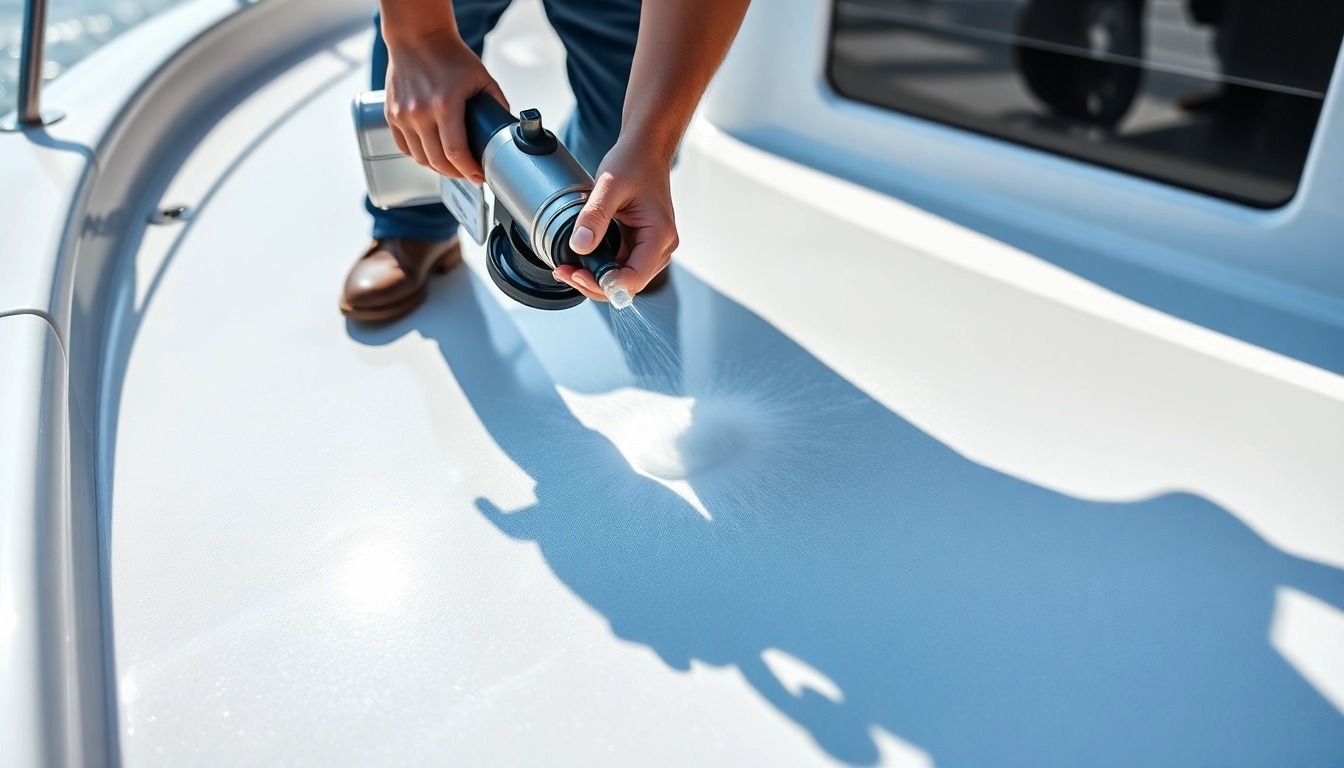 Professional applying Boots Versiegelung on boat gelcoat to ensure a durable protective coating